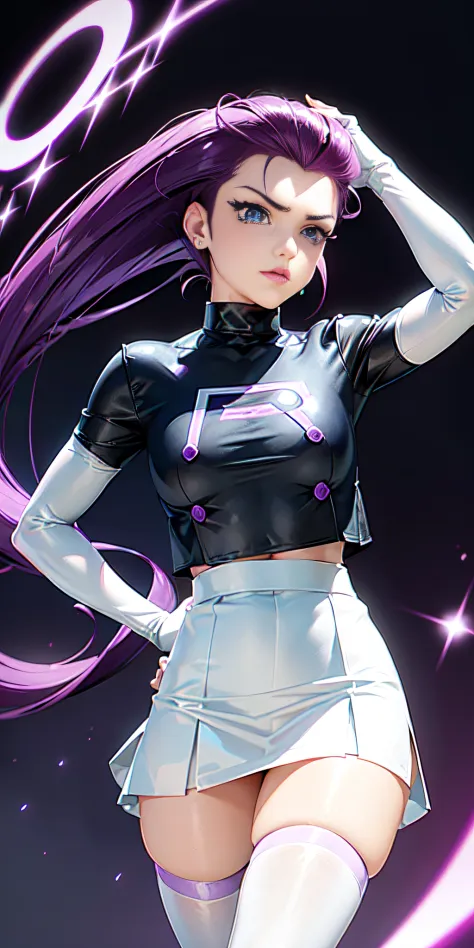 jessie pokemon, hair slicked back, long hair,purple hair,blue eyes, team rocket ,team rocket uniform ,((300% transparent silk: w...