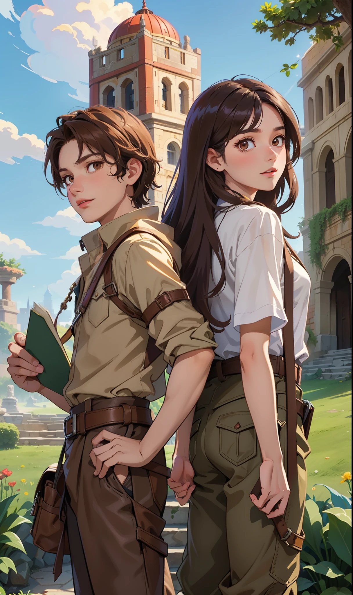 Image of two children(Gemini Brother and Sister)(round face, Large shiny dark brown eyes, long eyelashes, Brown tousled slightly wavy hair, Adventurer's clothes(indiana jones)) between the ages of 12 and 13 (((Back to Back))), Explorers of the Fallen Kingdom (Best Quality:1.4), background: Ruins of the ancient city; promotional art, key art, medium shot of two characters, Promotional image, official arts, movie promotional image, Official Rendering, Tower in the Sky, official illustration, promotional render, promotional art, Adventure Book Cover