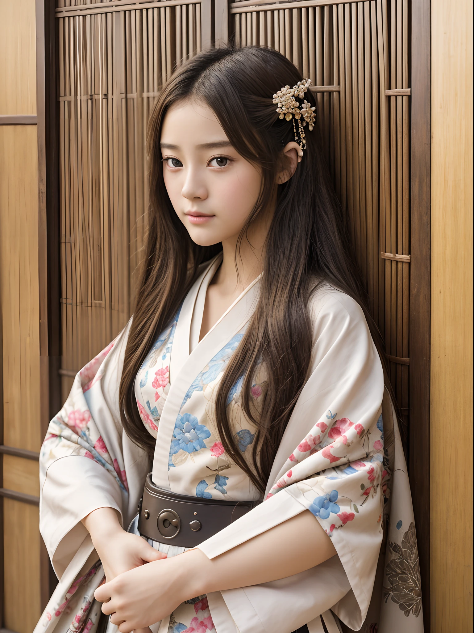 Best quality, Masterpiece, high resolution, Original, highly detailed wallpaper, Beauty 、teens girl、Real Human、Authentic、Old photos、bit girl、Japan antiquity、Heian period、Twelve vests，12 single kimono、screen、curtain、realness、Background depth of field