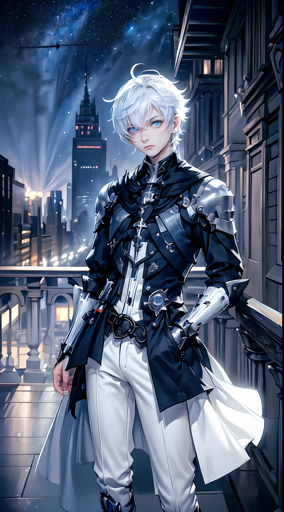 ((4K works))、​masterpiece、(top-quality)、One beautiful boy、Slim body、tall、((Black Y-shirt and white pants、Charming English knight style))、(Detailed beautiful eyes)、Fantastic English black balcony、Castle inhabited by villains、Villain Knight、Balcony at night、((Starry sky in the background))、((dark sky))、((Fashionable city scenery at midnight))、((Standing on a stylish balcony and shooting))、mid night、((Face similar to Carly Rae Jepsen))、((Short-haired white hair))、((Smaller face))、((Neutral face))、((Bright blue eyes))、((American adult male))、((Adult male 26 years old))、((Cool Men))、((Like a celebrity))、((Angry look))、((Korean Makeup))、((elongated and sharp eyes))、((Happy dating))、((boyish))、Professional Photos、(((Shot alone)))、((Shot from diagonally in front))、((Focus zoom in))、((He is looking at the starry sky))、((He is standing on the balcony))、horor、((Beautiful and cool photos))、Cool pose