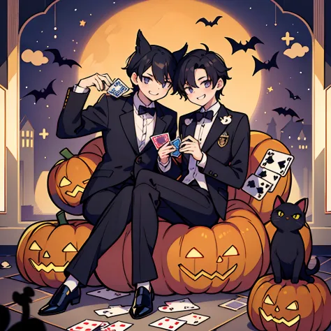 (2man),(playing card),many many card flying, masterpiece, ULTRA DETAILED,(2male relationship),modern art style,fullbody,keeping card, grin smiling, 20 years old man,Perfect body,Britain motif, Halloween,pumpkin,black cat motif,purple and black,at night