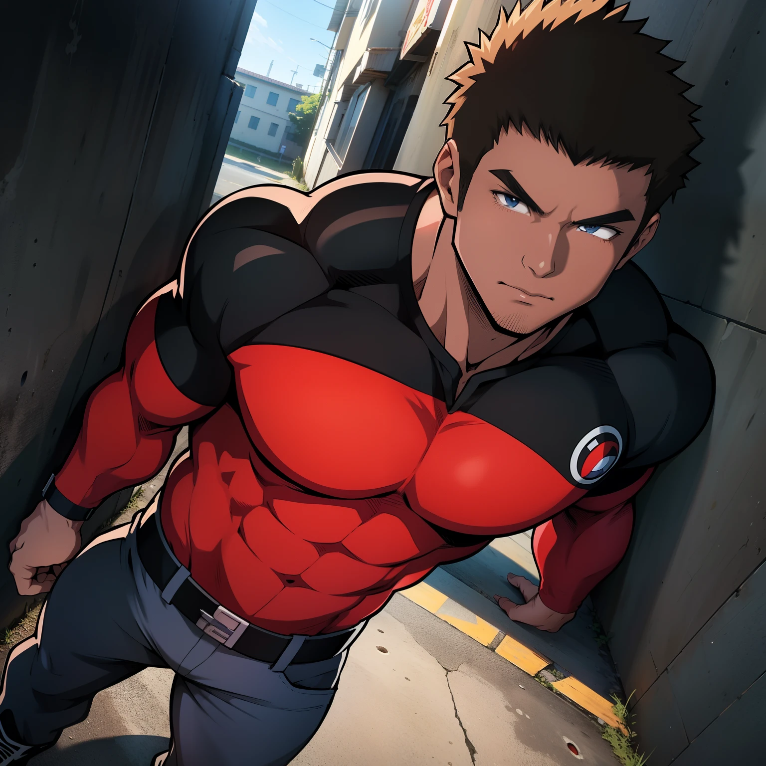 ((art de style animé)), image supérieure, angle de cime pour le bas, personnage masculin extrêmement musclé, corps de bodybuilder, porter un chemisier à manches longues avec une capuche couvrant la tête, Le personnage est appuyé contre un mur, les mains dans les poches, Paysage du centre urbain, rue animée, constructions, personnes et véhicules. Personnage protagoniste de l&#39;anime, belle photo, disque dur, 4k, Personnage protagoniste appuyé contre un mur avec ses mains dans ses poches, (((image angulaire supérieure)))