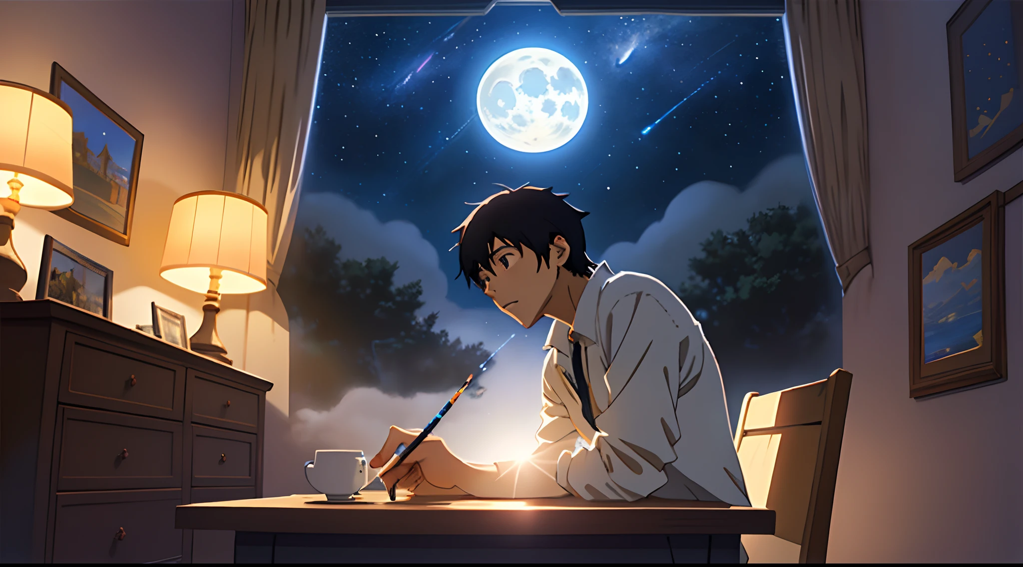 Anime boy writing at night in his room with a full moon in the background -  SeaArt AI