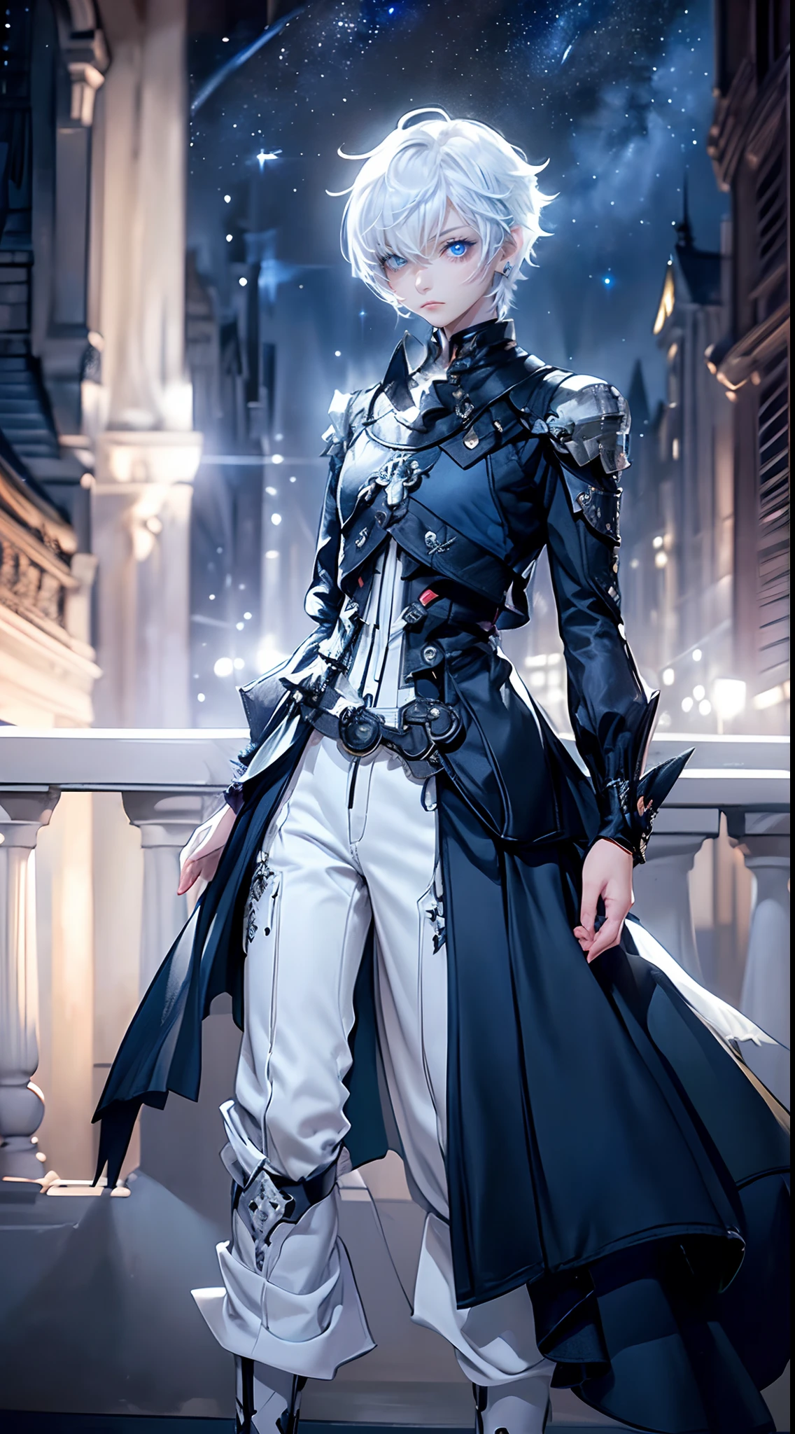 ((4K works))、​masterpiece、(top-quality)、One beautiful girl、Slim body、tall、((Black Y-shirt and white pants、Charming English knight style))、(Detailed beautiful eyes)、Fantastic English black balcony、Castle inhabited by villains、Villain Knight、Balcony at night、((Starry sky in the background))、((dark sky))、((Fashionable city scenery at midnight))、((Standing on a stylish balcony and shooting))、mid night、((Face similar to Carly Rae Jepsen))、((Short-haired white hair))、((Smaller face))、((Neutral face))、((Bright blue eyes))、((American adult women))、((Adult female 26 years old))、((cool lady))、((Like a celebrity))、((Angry look))、((Korean Makeup))、((elongated and sharp eyes))、((Happy dating))、((boyish))、Professional Photos、(((Shot alone)))、((Shot from diagonally in front))、((Focus zoom in))、((He is looking at the starry sky))、((He is standing on the balcony))、horor、((Beautiful and cool photos))、Cool pose