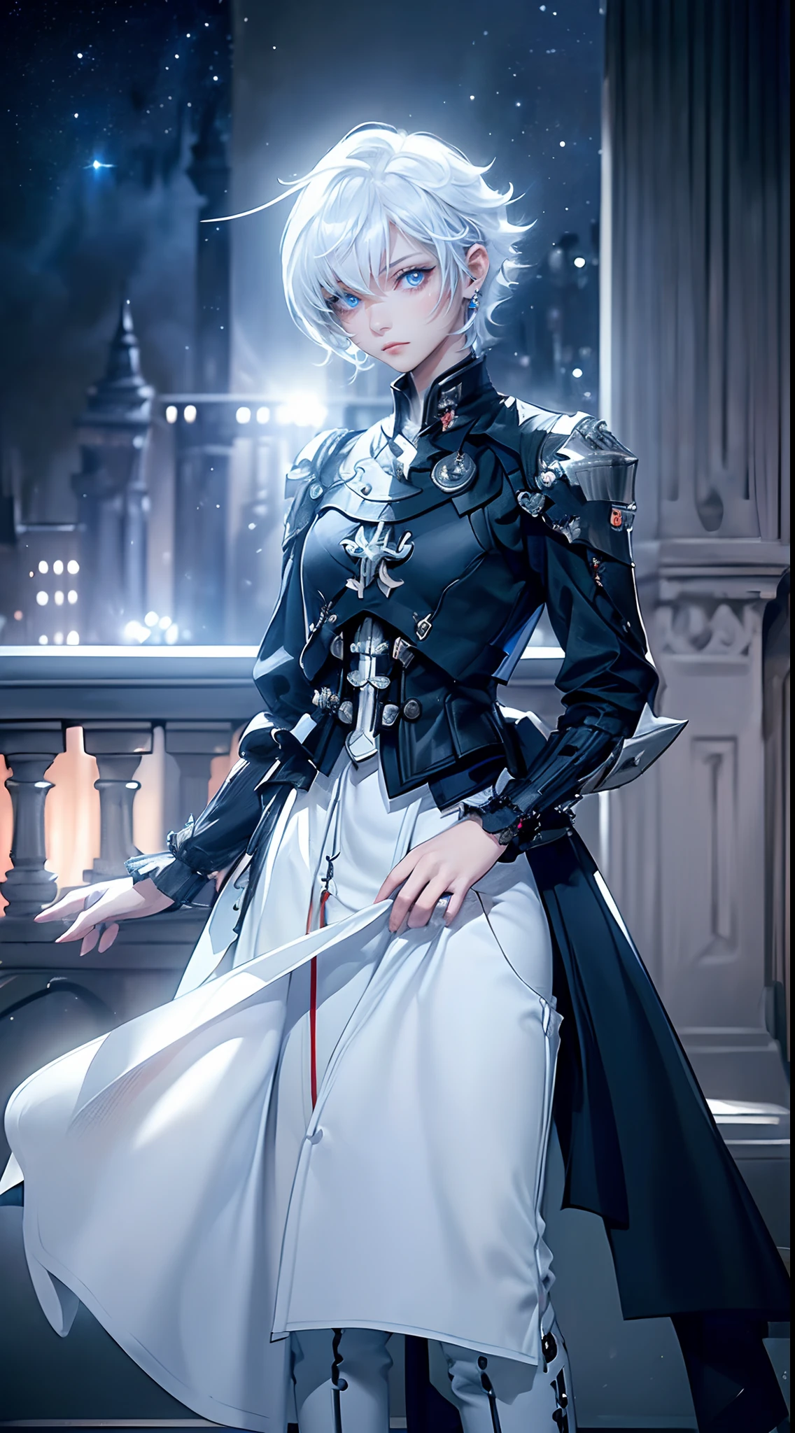 ((4K works))、​masterpiece、(top-quality)、One beautiful girl、Slim body、tall、((Black Y-shirt and white pants、Charming English knight style))、(Detailed beautiful eyes)、Fantastic English black balcony、Castle inhabited by villains、Villain Knight、Balcony at night、((Starry sky in the background))、((dark sky))、((Fashionable city scenery at midnight))、((Standing on a stylish balcony and shooting))、mid night、((Face similar to Carly Rae Jepsen))、((Short-haired white hair))、((Smaller face))、((Neutral face))、((Bright blue eyes))、((American adult women))、((Adult female 26 years old))、((cool lady))、((Like a celebrity))、((Angry look))、((Korean Makeup))、((elongated and sharp eyes))、((Happy dating))、((boyish))、Professional Photos、(((Shot alone)))、((Shot from diagonally in front))、((Focus zoom in))、((He is looking at the starry sky))、((He is standing on the balcony))、horor、((Beautiful and cool photos))、Cool pose