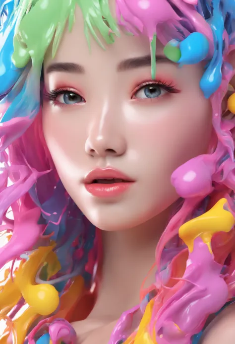 (Masterpiece, Best Quality, High Resolution), White Background, ((Paint Splash, Color Splash, Splash of Ink, Color Splash)), Sweet Chinese Girl, Rainbow Hair, Pink Lips, Front, Upper Body