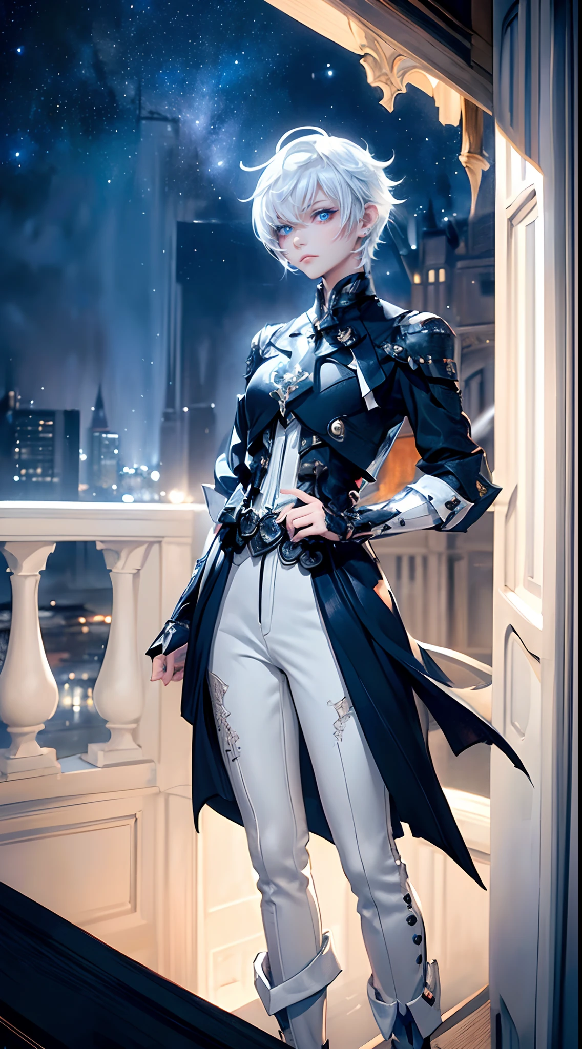 ((4K works))、​masterpiece、(top-quality)、One beautiful girl、Slim body、tall、((Black Y-shirt and white pants、Charming English knight style))、(Detailed beautiful eyes)、Fantastic English black balcony、Castle inhabited by villains、Villain Knight、Balcony at night、((Starry sky in the background))、((dark sky))、((Fashionable city scenery at midnight))、((Standing on a stylish balcony and shooting))、mid night、((Face similar to Carly Rae Jepsen))、((Short-haired white hair))、((Smaller face))、((Neutral face))、((Bright blue eyes))、((American adult women))、((Adult female 26 years old))、((cool lady))、((Like a celebrity))、((Angry look))、((Korean Makeup))、((elongated and sharp eyes))、((Happy dating))、((boyish))、Professional Photos、(((Shot alone)))、((Shot from diagonally in front))、((Focus zoom in))、((He is looking at the starry sky))、((He is standing on the balcony))、horor、((Beautiful and cool photos))、Cool pose