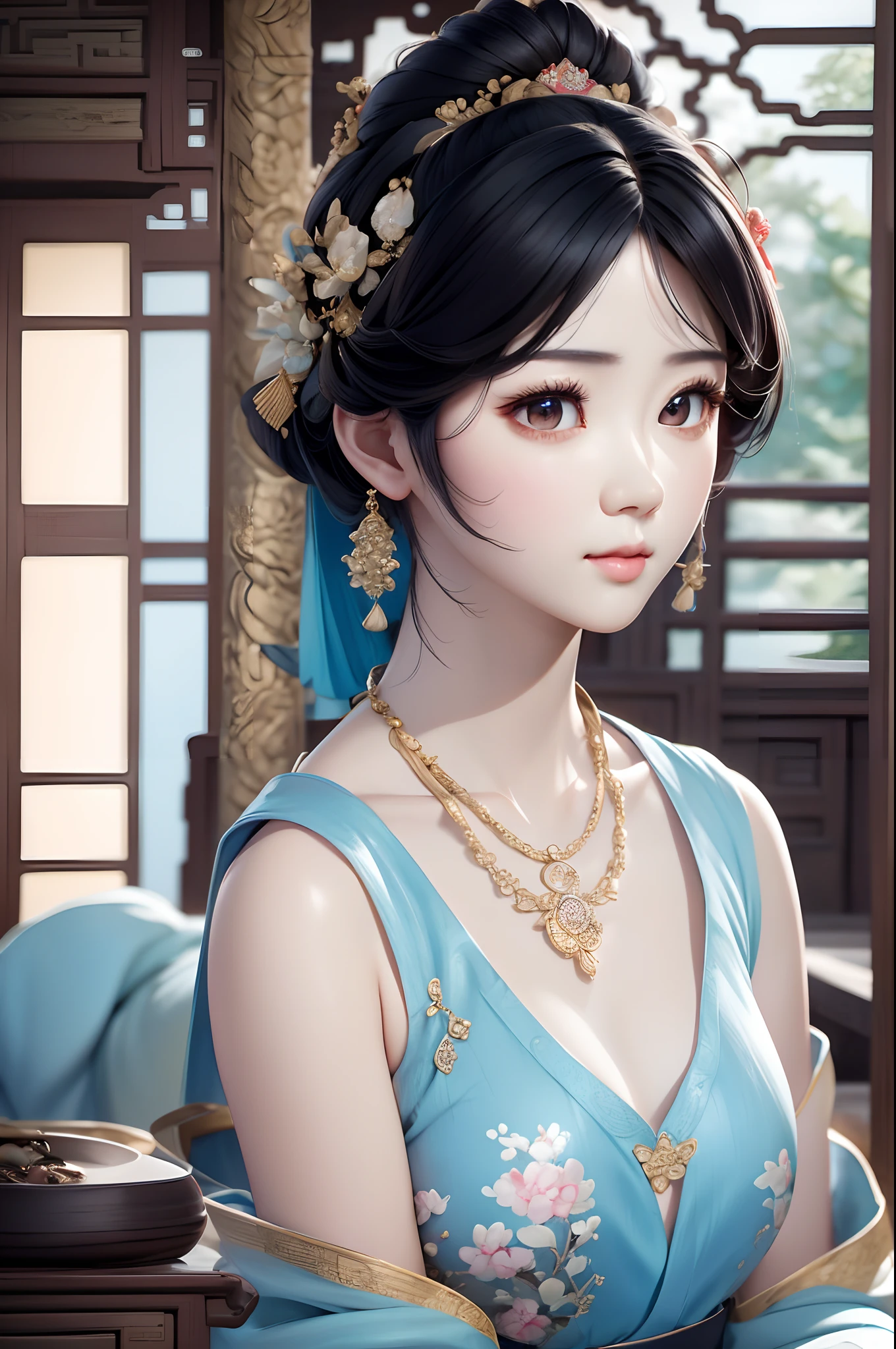 primer plano, de, un, mujer, llevando, un, vestido lencero, azul claro, collar, Estilo chino, niña china, hermosa pintura de personajes, Obra de arte estilo Guviz, palacio ， Una chica en Hanfu, Hermosa representación de la dinastía Tang., estilo anime realista 3d, tendencia en cgstation, Arte detallado de alta calidad 8k, Princesa china antigua, mujer china, Guviz