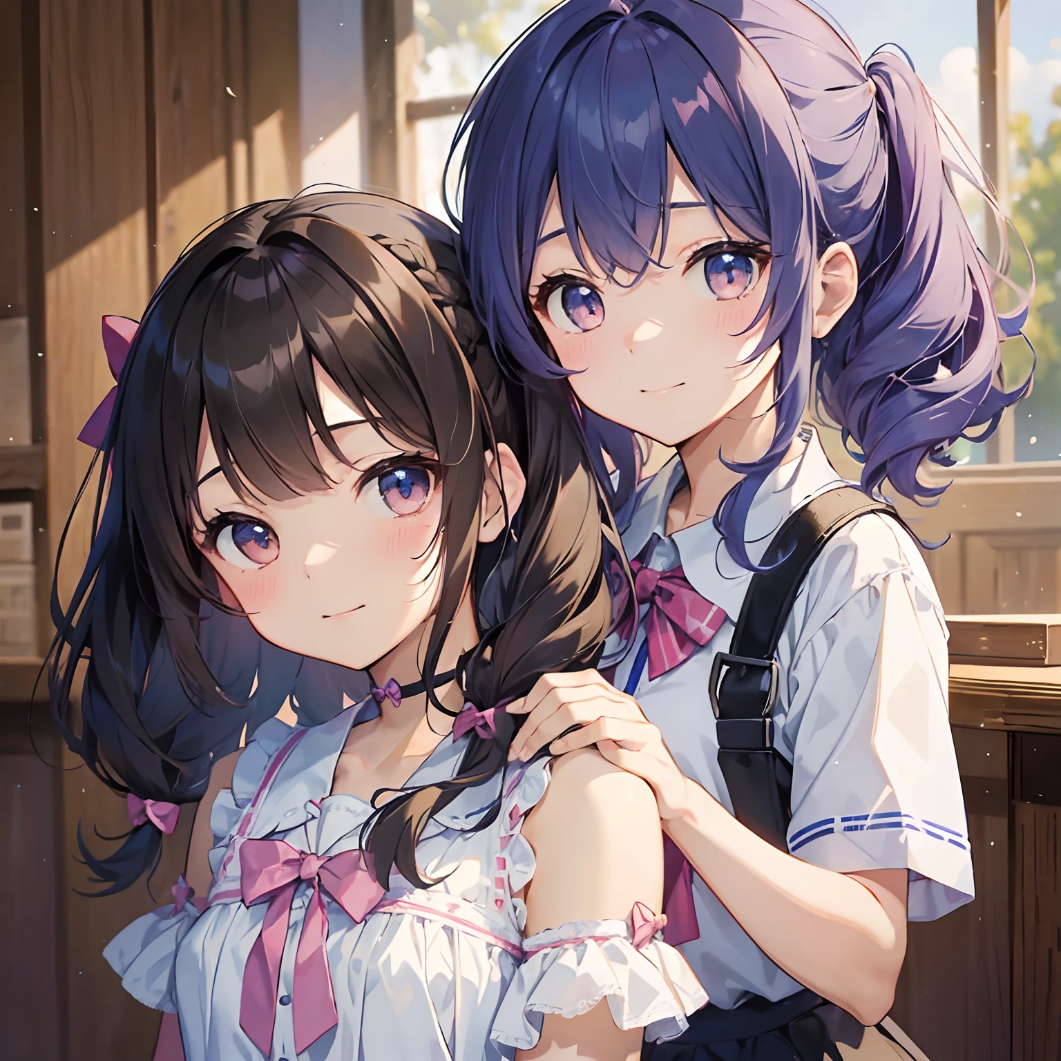 (Highest quality illustrations:1.2),cowboy  shot、 (Kawaii Girl:1.1), (2girls), (2girls、15yo student、Lori、Gamine、A tiny、kawaii、cute little、tiny chest、ultradetailed eyes:1.2)、hi-school girl、high-school uniform、A smile、Blake black hair、Blue-haired、Brown hair、extra very short hair、shorth hair、Middle hair、length hair、hair wavy、curlyhair、Light pink and braided hair、hime-cut、bob cuts、Twin-tailed、low twintails、poneyTail、Low ponytail in light blue、 BREAK(top-quality、ultra-detailliert、highly detailed and beautiful、超A high resolution、Detailed arm:1.2)、