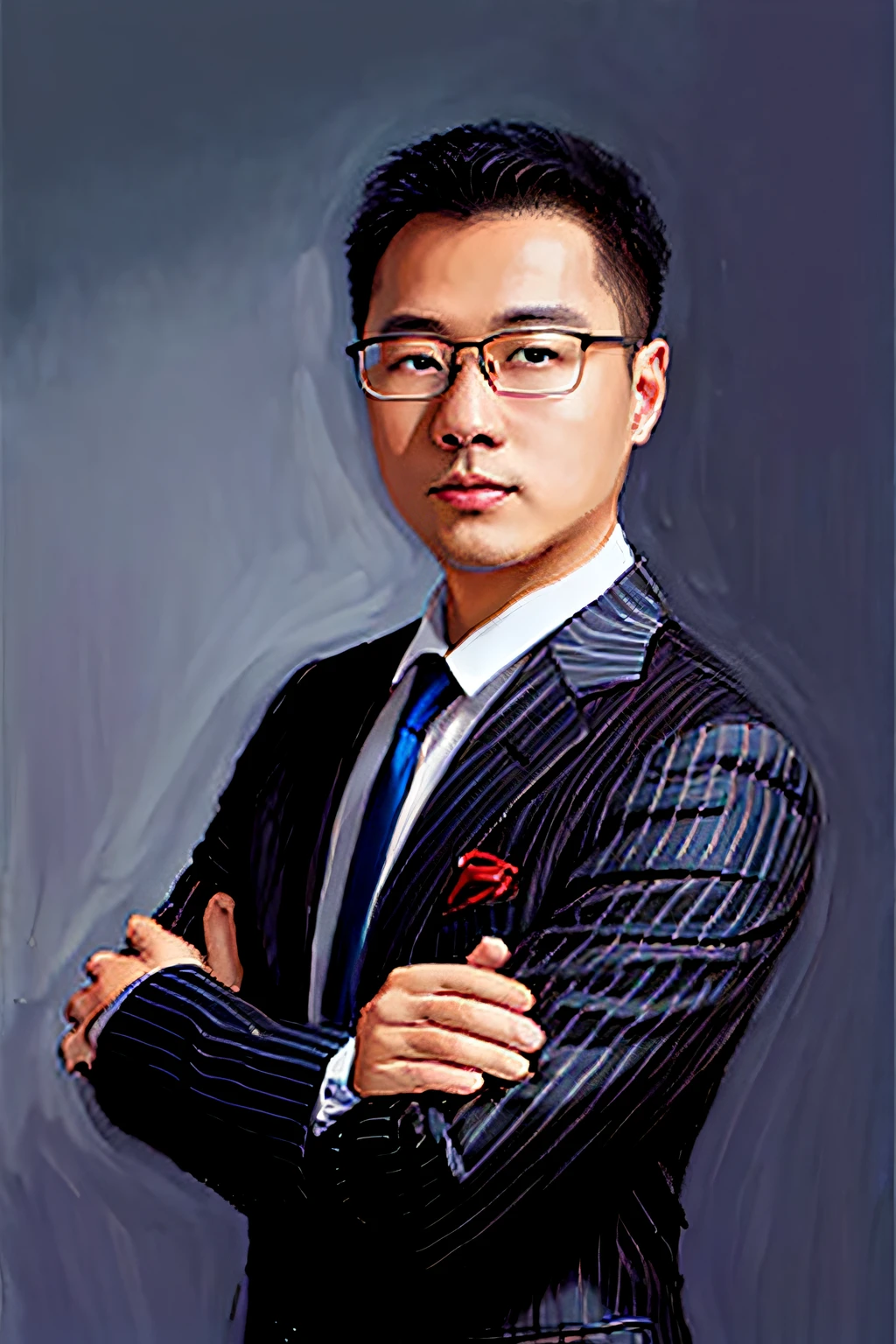 Painting of a man in a suit and tie with his arms crossed - SeaArt AI