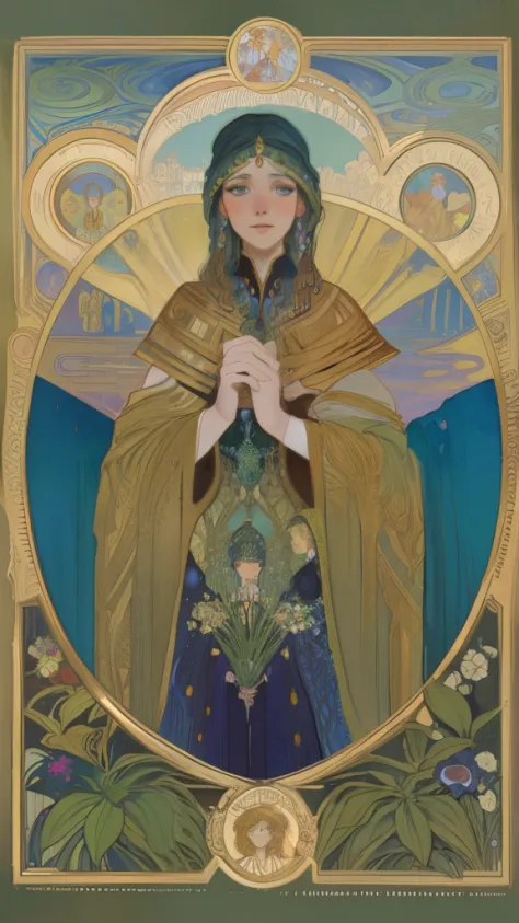 a painting of a woman in a garden with a crescent, mucha klimt and tom bagshaw, romanticism art style, annie stegg gerard, dariu...