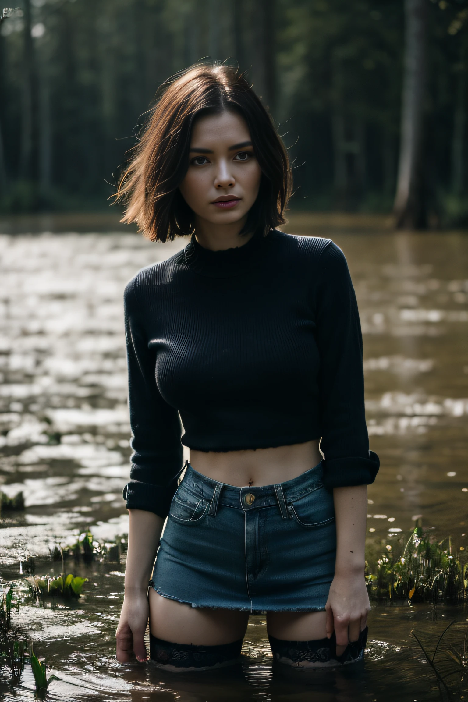 "(Best Quality,hight resolution:1.2),The woman,Expressive wrinkles,Bob haircut,jeans skirt,blouse,dark lace stockings with garters, ( drowning in a swamp:1.2),Detailed eyes and face,expression of despair,Dark and moody lighting,ominous vibe,desperation,trap, Imminent Doom"Sharing