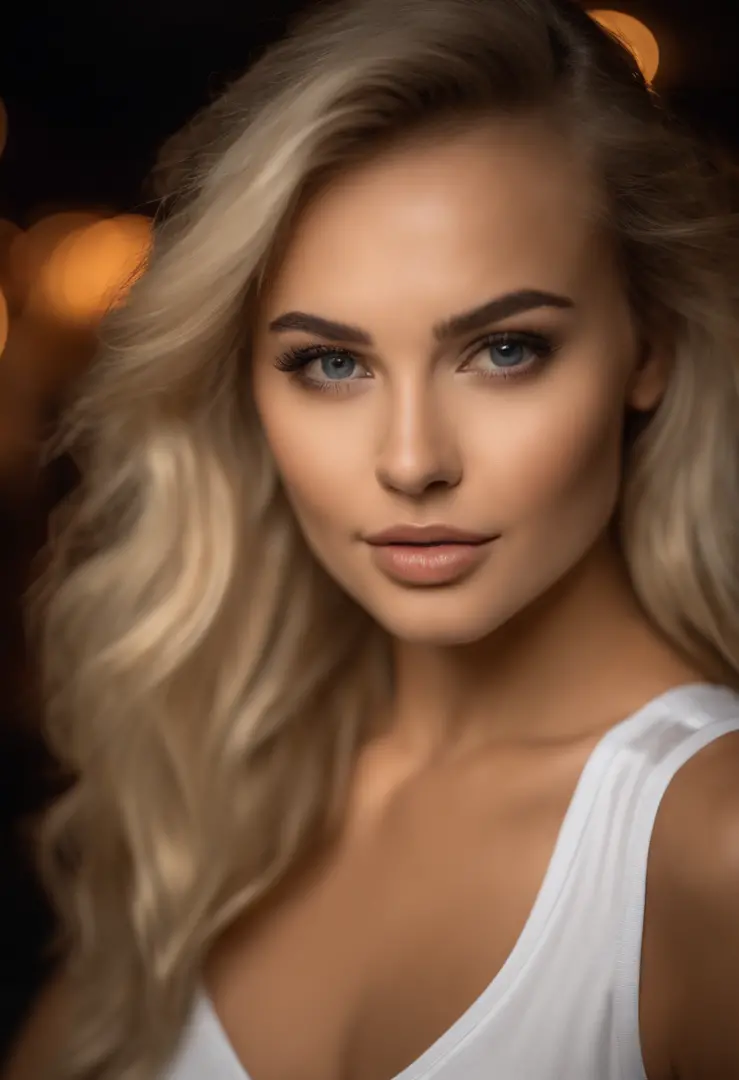 A close up of a woman with long blonde hair and a black top - SeaArt AI