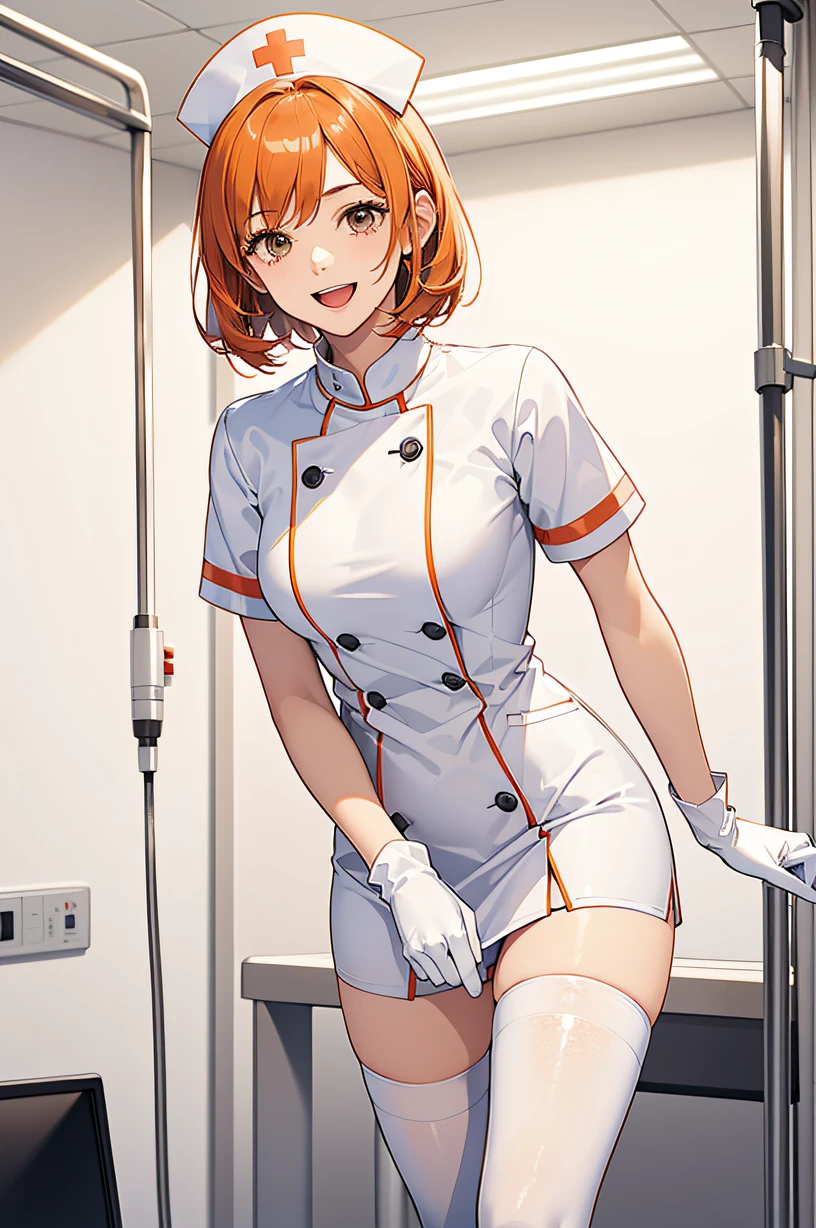 1girl, solo, nurse, nurse cap, white wear, ((white legwear, zettai ryouiki)), white gloves, very short hair, orange hair, smile, open mouth, standing, ((hospital room)), sharp outline, short sleeves, tomboy, boyish, best quality, masterpiece