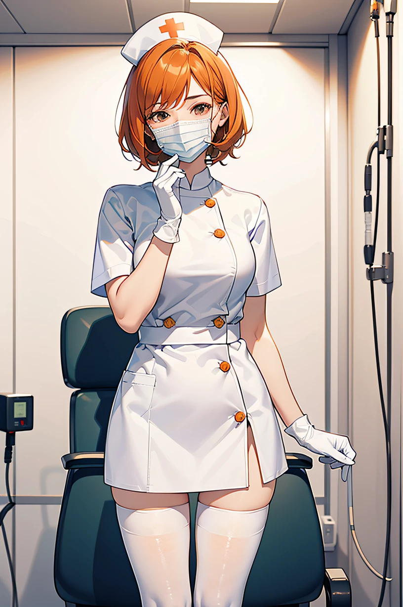 1girl, solo, nurse, nurse cap, white wear, ((white legwear, zettai ryouiki)), white gloves, very short hair, orange hair, ((white surgical mask, covered nose)), standing, ((hospital room)), sharp outline, short sleeves, tomboy, boyish, best quality, masterpiece