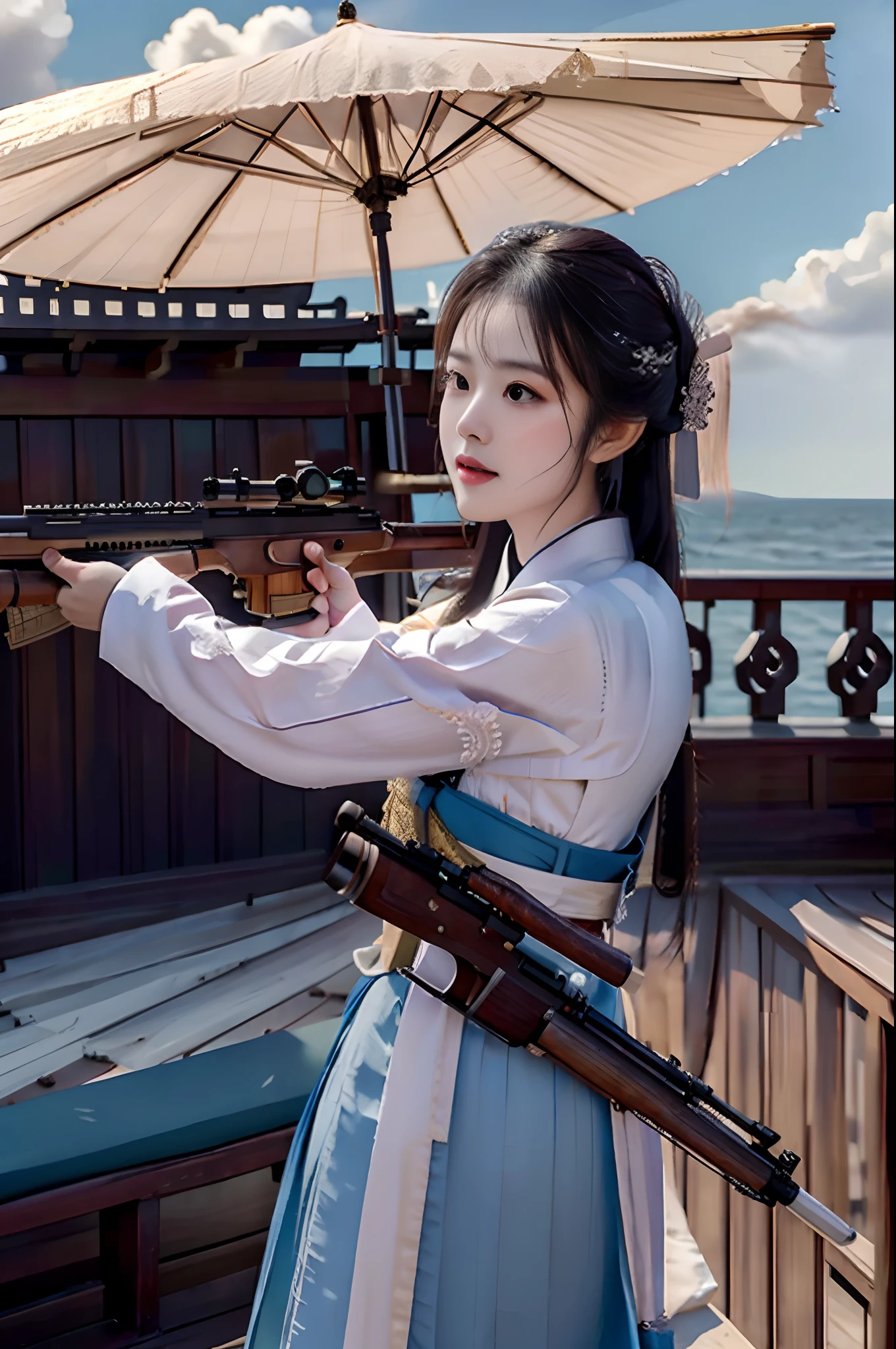 [((sur le pont du navire,Erjie,1fille,hanfu, alerte,tenant un fusil,Viser et tirer,de partout))],
chef-d&#39;œuvre,haute résolution, la plus haute qualité,détail complexe,Meilleure texture,Réaliste,8k,Lumière douce,ombre parfaite,
mer,ensoleillé,nuageux,Vent,mouillé, 
Âge du vent,bataille navale,conflit,bombarder.cuisson,fumeur,