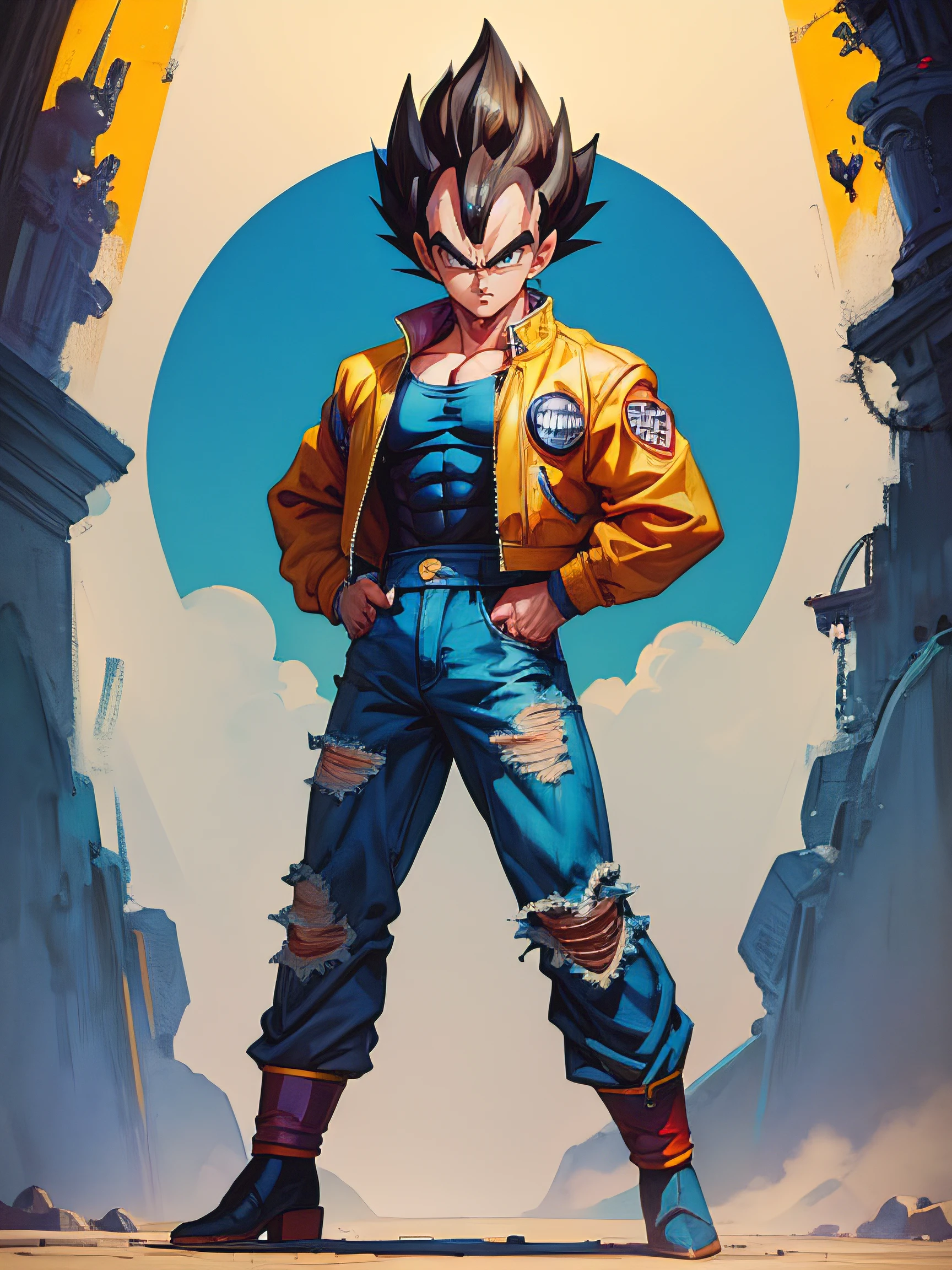 1 homem, Sozinho, (Obra de arte), melhor qualidade, ultra-detalhado, Vegeta de Dragon Ball Z, Estilo retrô, corpo todo. pano de moda, Jaqueta jeans, chique.