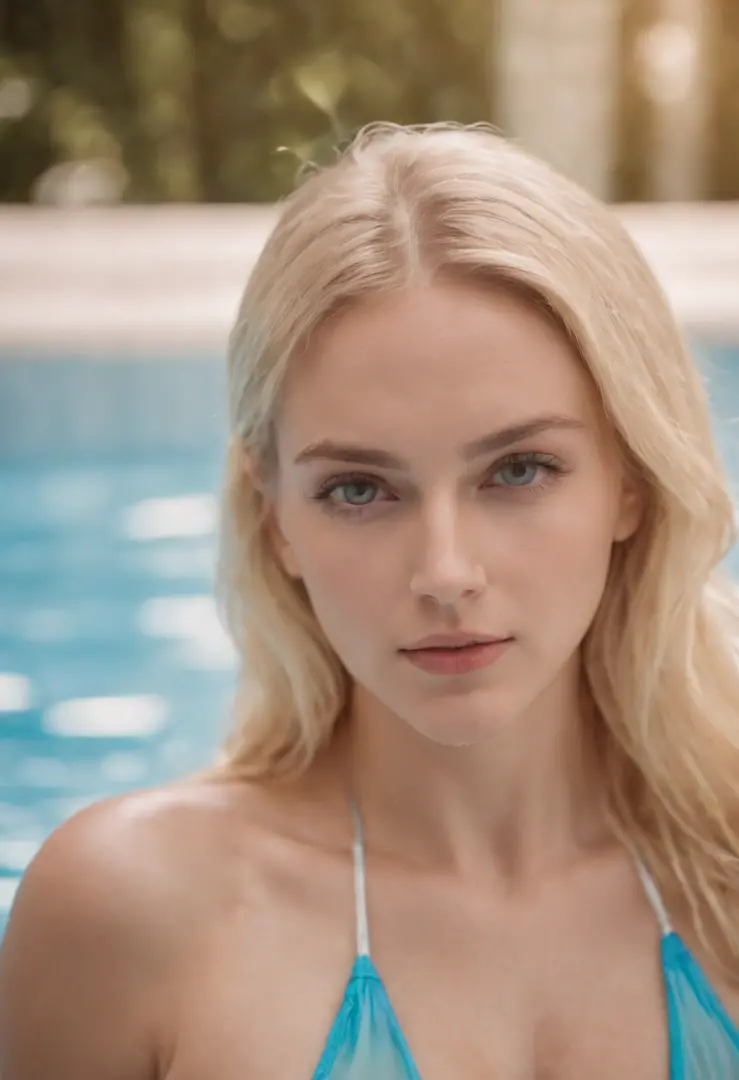 Hot blonde girl in the pool, cleavage, bikini