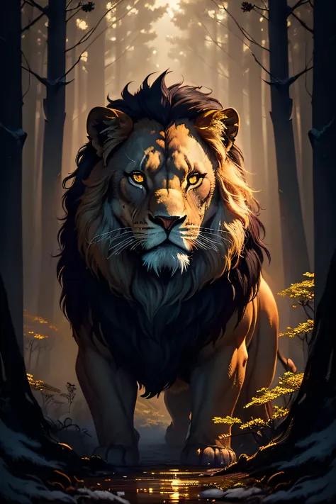 "((masterpiece)) Lion in the ((foggy)) ,((magical dark forest :1.2))at late dusk time, with ((strong dark shadows recommended for scene:1.2)), a glowing magical lion,golden glowing flowers ,((glowing butterfly )), beautiful magical style, golden water refl...