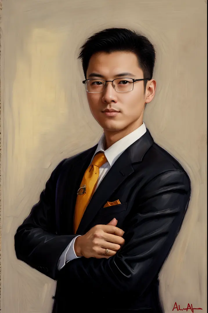 Best quality,Masterpiece,dressed in a suit，Allad man with arms crossed in tie, yanjun cheng, Professional profile photo, jinyiwe...
