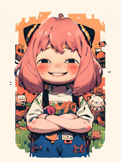 1Anya Forger, pink hair, happy, kawaii, child, doodles, front view, smile, blush, non repeat.