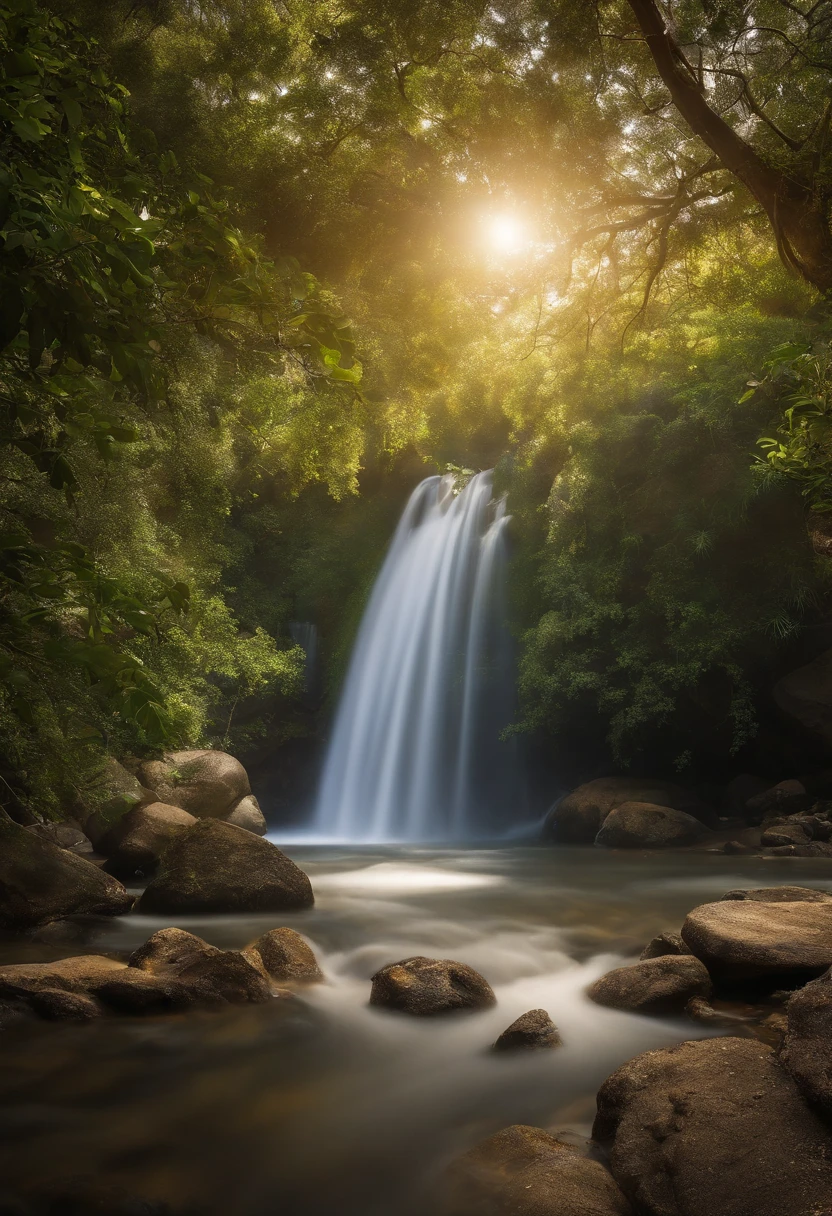 A waterfall in the jungle with rocks and trees - SeaArt AI