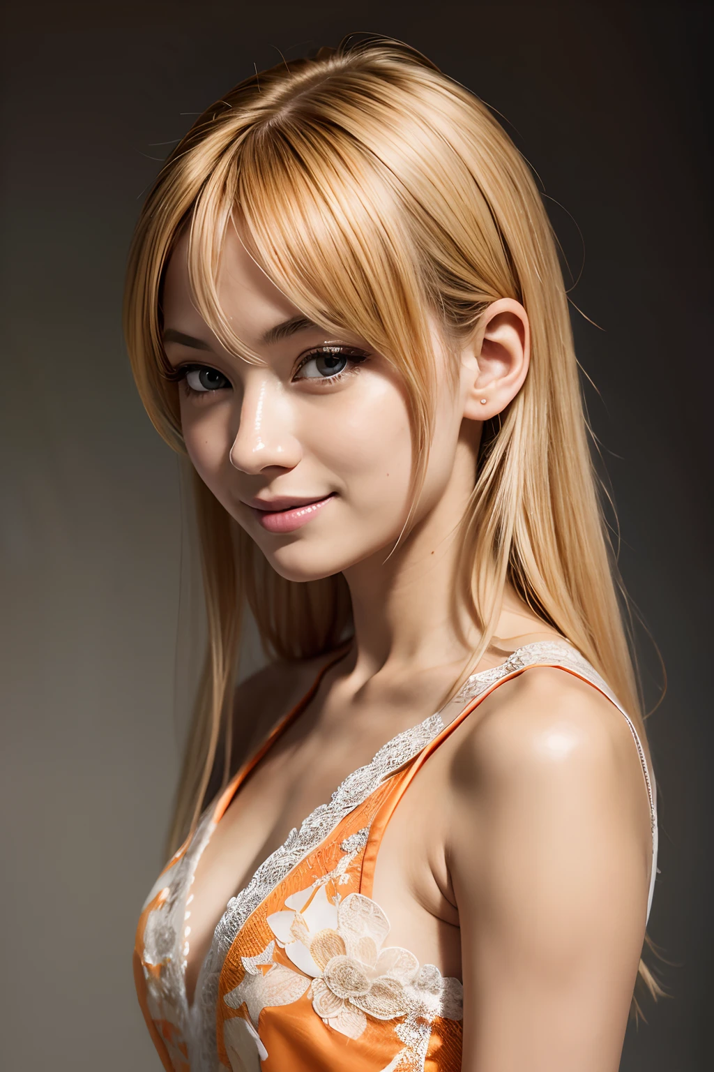 masutepiece, Photorealsitic, Best Quality, intricate and delicate, 8k wallpaper, top-quality, ​masterpiece, realisitic, ultra-detailliert, 1人の女性, smil, Looking at the camera, Tangerine V Neck Dress, Focus on the face