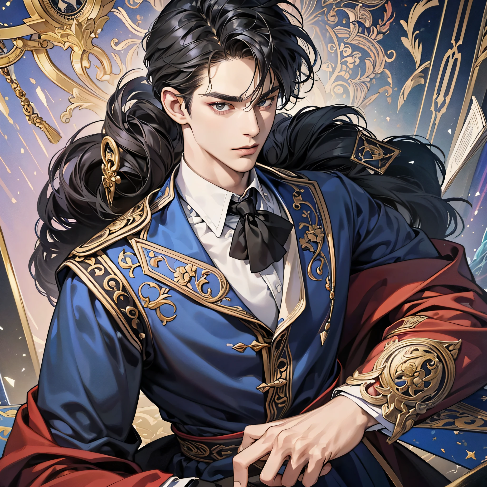 (absurd, high resolution, ultra detailed, 8K, Manhwua Art), 1 man, adult, handsome, tall muscular guy, broad shoulders, finely detailed eyes and detailed face, formally
dress, detailed clothing, black hair, black eyes, the fool \tarot\, bard, clown, Symbolism, Visual arts, Occult, Universal, Vision cast, Philosophical, Iconography, Numerology, Popularity, Artistic