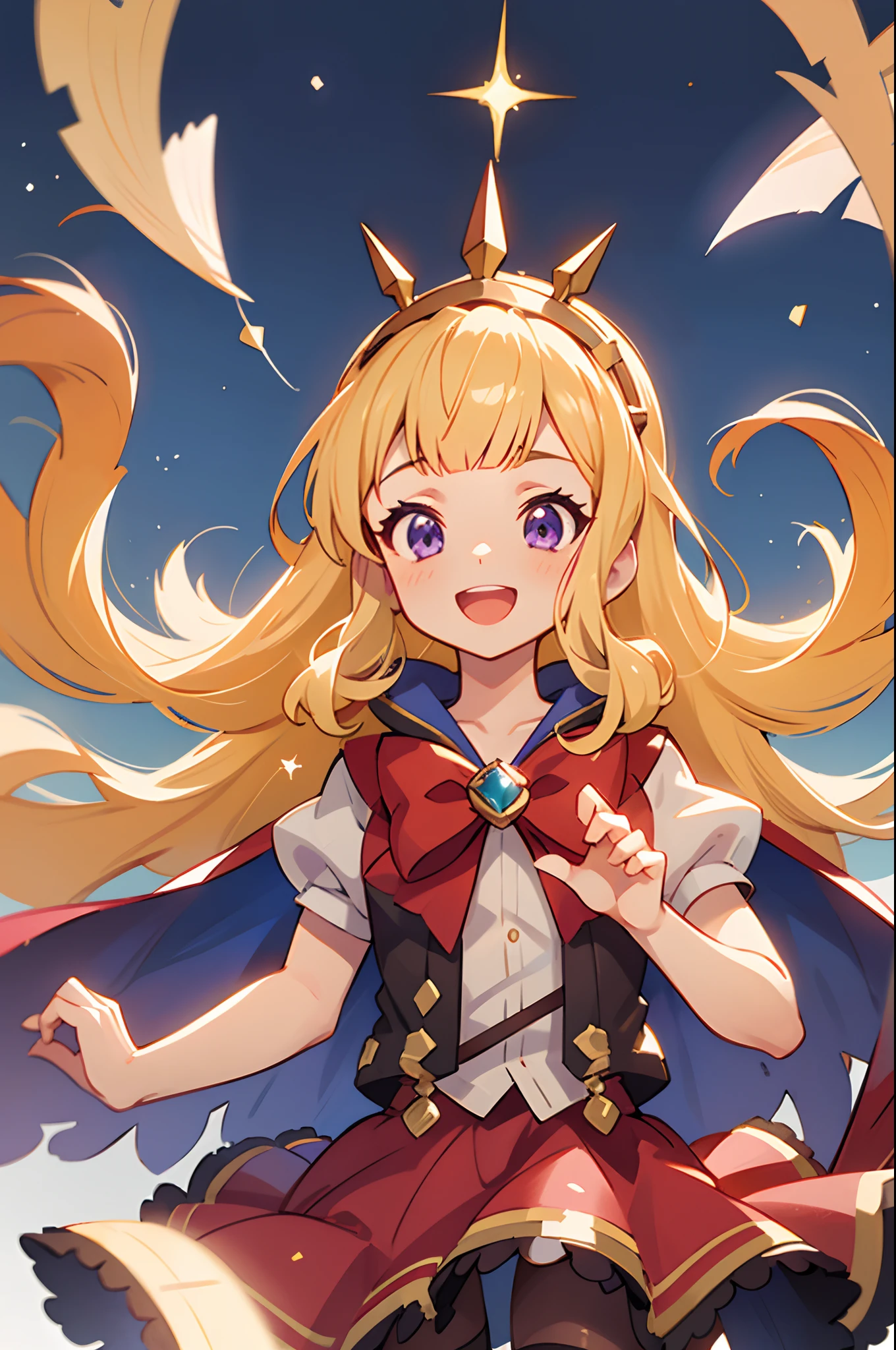 1girl, solo, character preview illustration, blonde hair, purple eyes, Cagliostro, long hair, CagliostroBase, hairband, crown, black thighhighs, red bow, skirt, red skirt, cape, small breasts, smile, open mouth, face focus, extended arms, hands out of frame, upper body, looking away, stars decorations, cute girl, sparkles, white background, transparent background, beautiful illumination, sun rays, trending on pixiv, masterpiece, 8k, best quality