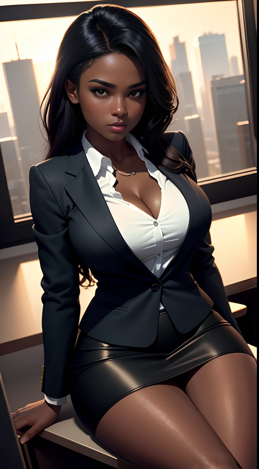 Og2, 1girl, solo, low lighting, volumetric lighting, subsurface scattering, Beautiful 20 year old woman, dark skin, seductive look, office setting, sitting on desk, large windows, top floor of building, city skyline, pencil skirt, blazer, lace bra, stockings, full body, low angle shot, sexy pose, erotic pose