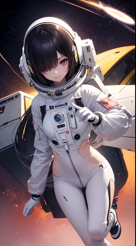 Japanese light novel cover illustration style，An anime girl wearing a spacesuit with a big shine nebula，The astronaut，Step on th...