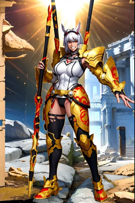 4k, highly detailed, anime style, HDR, subsurface scattering, in a temple, temple being destroyed, Greek temple on fire background, (masterpiece, best quality:1.2), caenis,( fgo stage 3), 1girl, big breasts, looking at fires, smile, short hair, white hair,...