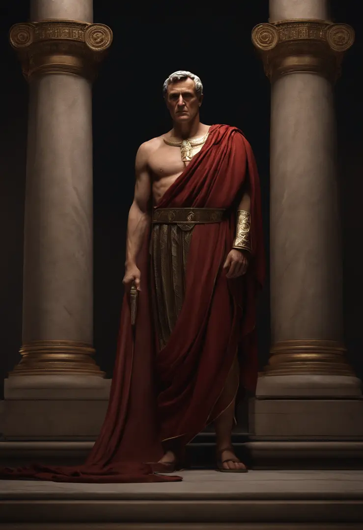 Realistic 3D portrait of Julius Caesar looking straight into the camera, showcasing his imposing stature and determined expressi...