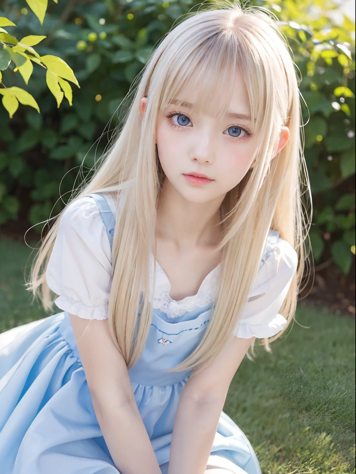 top-quality、超A high resolution、a picture、a photo of a cute girl、Detailed cute and beautiful face、Small face beauty、(pureerosface_v1:0.008)、alice in the wonderland、14years、White shiny skin、Platinum Blonde Super Long Straight Hair、Beautiful big pale blue eyes、disheveled beautiful bangs、White Apron、a blue dress、Background of the playing card pattern、without makeup