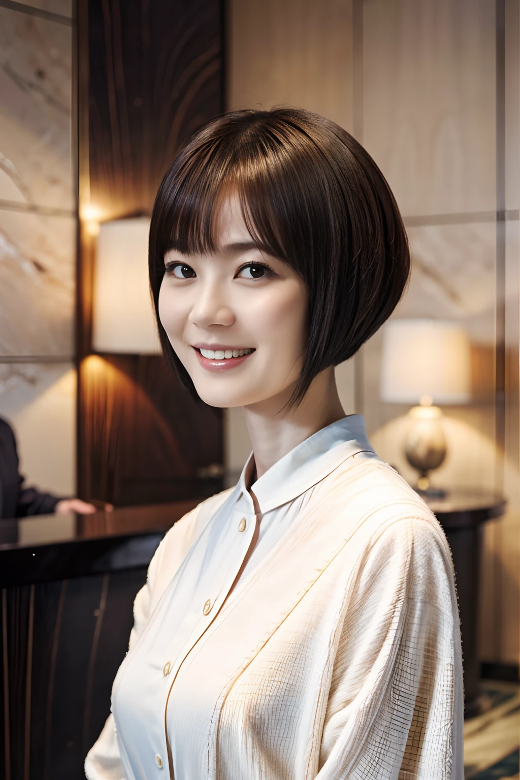 50
(19-year-old woman), (A hyper-realistic), (masutepiece), Short bob cut, Concierge at the hotel reception, kindly smile