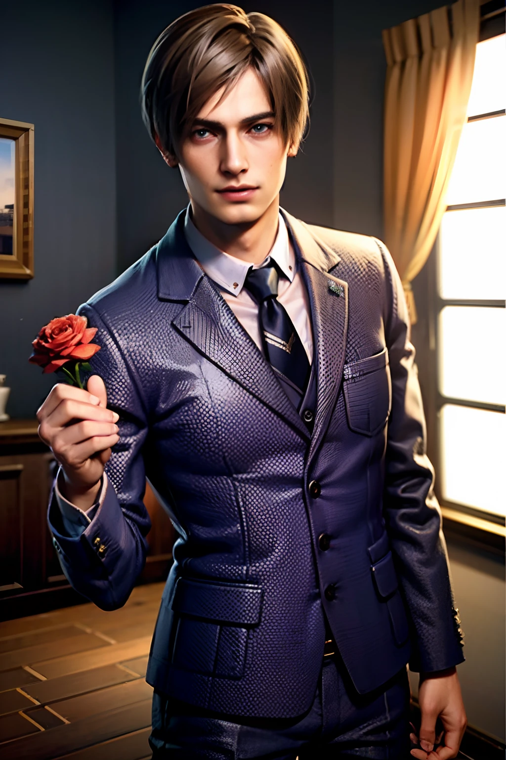 1 boy, cowboy shot re4leon, Leon S. Kennedy from the movie "Resident Evil 4",holds out a rose to the camera, classic suit with tie, smiles, curtain hairstyle, sports