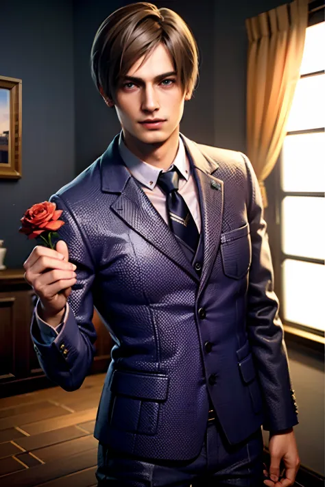 1 boy, cowboy shot re4leon, Leon S. Kennedy from the movie "Resident Evil 4",holds out a rose to the camera, classic suit with t...