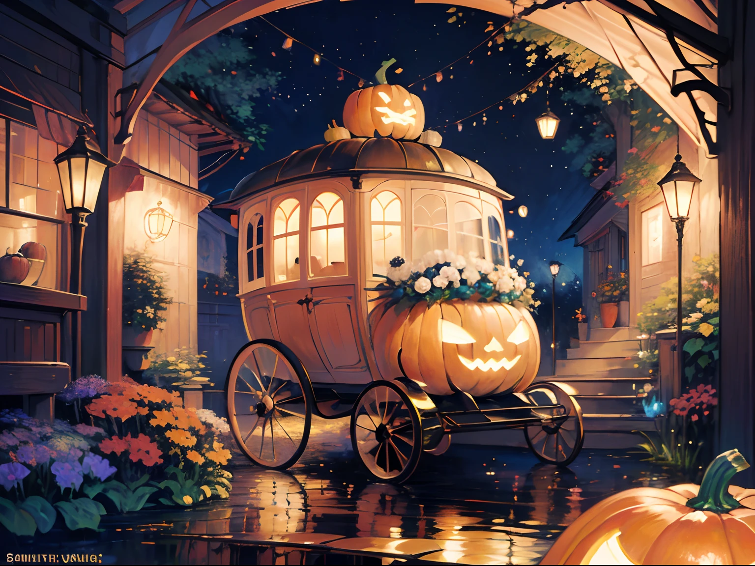 masterpiece, best quality, 1man, carriage shaped like pumpkin, fantasy