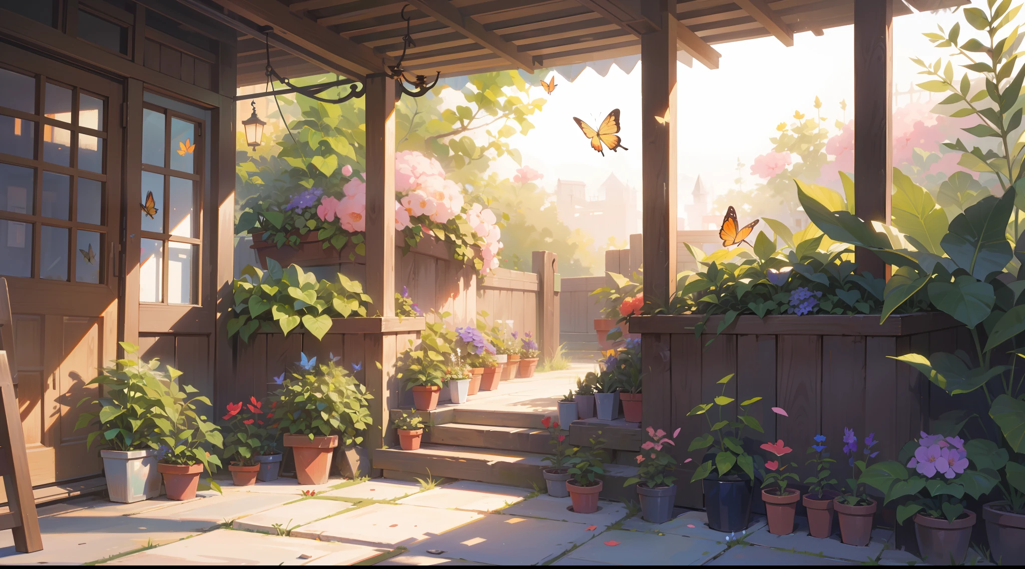 (шедевр), Лучшее качество, сверхвысокое разрешение, острый фокус, теплые пастельные тона, теплый солнечный свет, Мягкая тень, сад на заднем дворе, растения, цветы, бабочки