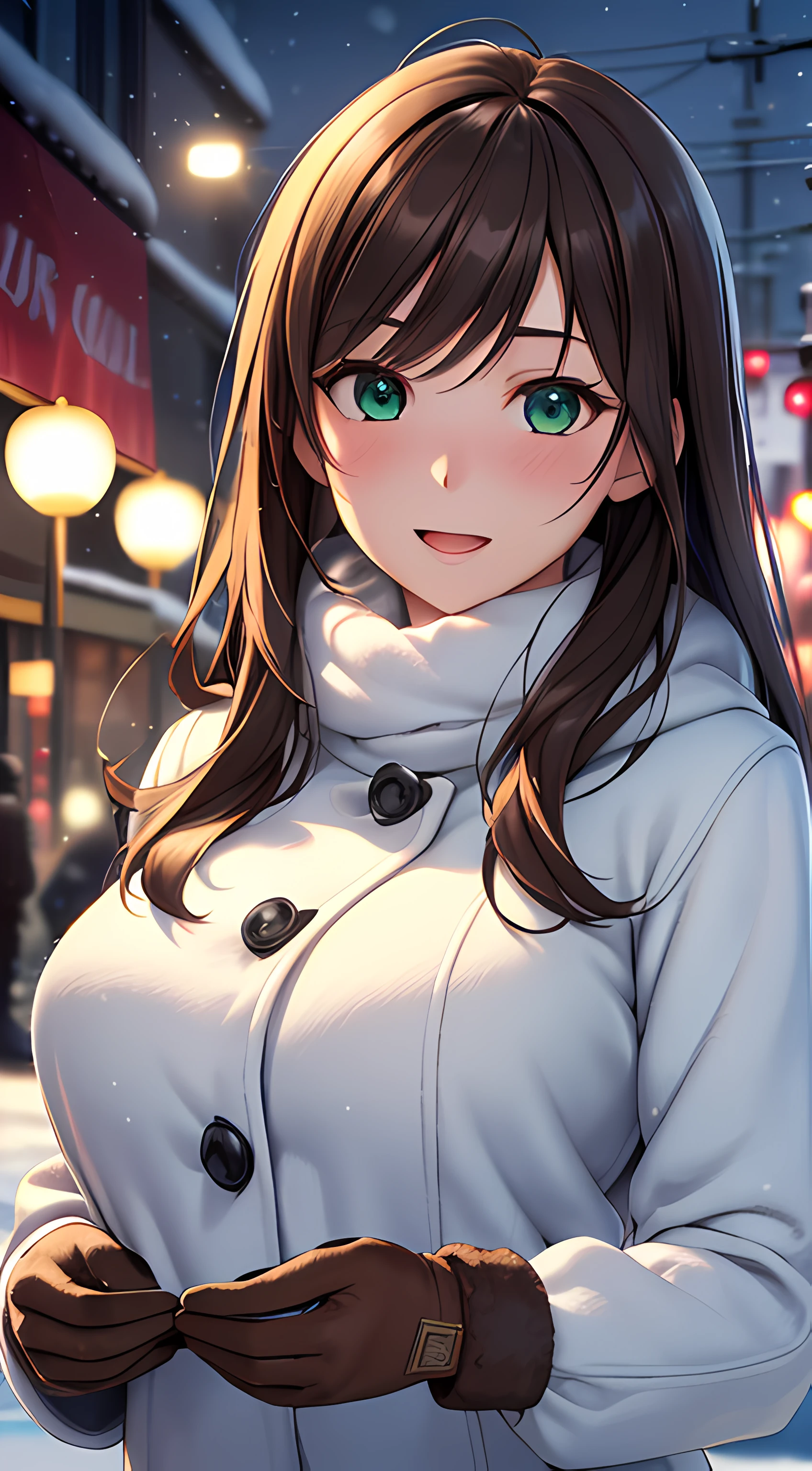 ((masterpiece, best quality, highres, UHD, perfect pixel, depth of field, 4k, RTX, HDR)), 1girl, single, solo, 24 years old, beautiful anime girl, beautiful artstyle, anime character, ((long hair, parted bangs, brown hair)), (green eyes:1.4, rounded eyes, beautiful eyelashes, realistic eyes), (detailed face, blushing:1.2), (smooth texture:0.75, realistic texture:0.65, photorealistic:1.2, cinematic, anime CG style), medium breasts,  perfect body, busty, (dynamic angle, pov, close up), ((winter clothes, long coats, mittens, gloves, long underwear)), night, night lamp, city lights, bokeh:1.4, (outdoor, city buildings, crowd), ((winter, snow, snow crystal, winter pine trees)), sly smile, open mouth