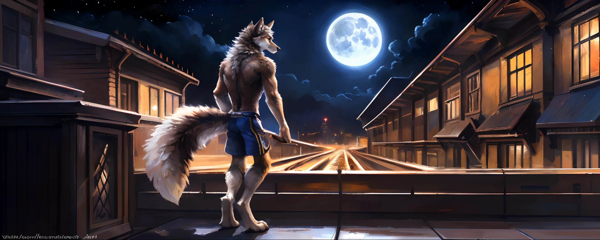 ((Solo)), male people, anthro wolf, (Multi-colored fur, White-brown:1.3, White tail pointed), ((Wolf face, White hair, Big eyes, White eyelids, Blue pupil, Slim:1.2) (Tough, Calm expression:1.2)), Abs, Slim, pinging)), (Correct body anatomy), (Work shorts:1.1), The upper body is naked, (detailed outfits),A big tail，Feet，Long legs，(Realistic fur, Detailed fur texture, labeled:1.3)), (Natural lighting), Photorealistic, Hyperrealistic, ultradetailed, by Kenket，In the modern city，Roof roof，the night，Sit alone，Look at the full moon，It was dark，Starry