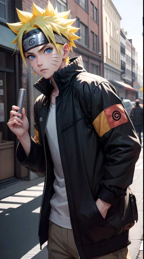 masterpiece, superb style, streewear chothes, outdoor, half body, uzumaki naruto, blue eyes, short yellow hair,a boy