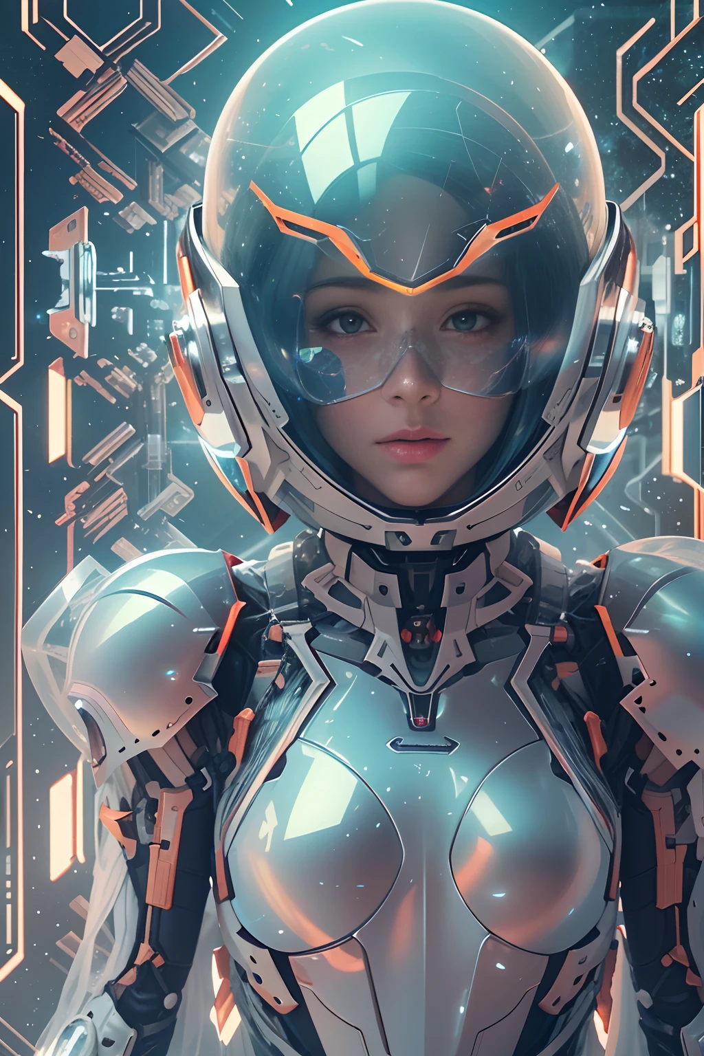 Translucent ethereal mechanical astronaut，Futuristic girl，Mechanical joints，Futuristic space helmet covers face，Futuristic space starry sky background，ModelShoot style, (Ultra-detailed CG unified 8K wallpaper), The beauty of abstract stylized portraits,，surrealism, 8K, Super detail, Best quality, Award-Awarded, Anatomically correct, 16k, Super detail