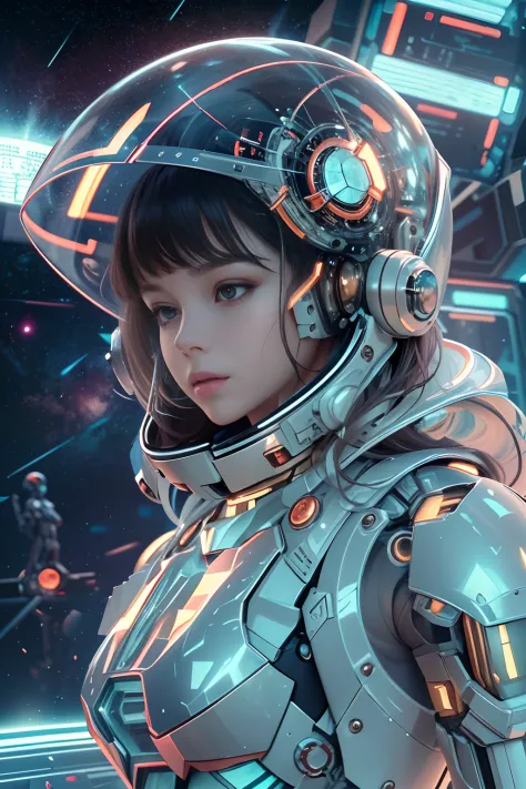 Translucent ethereal mechanical astronaut，Futuristic girl，Mechanical joints，Futuristic space helmet covers face，Futuristic space starry sky background，ModelShoot style, (Extremely detailed CG unified 8K wallpaper), The beauty of abstract stylized portraits...