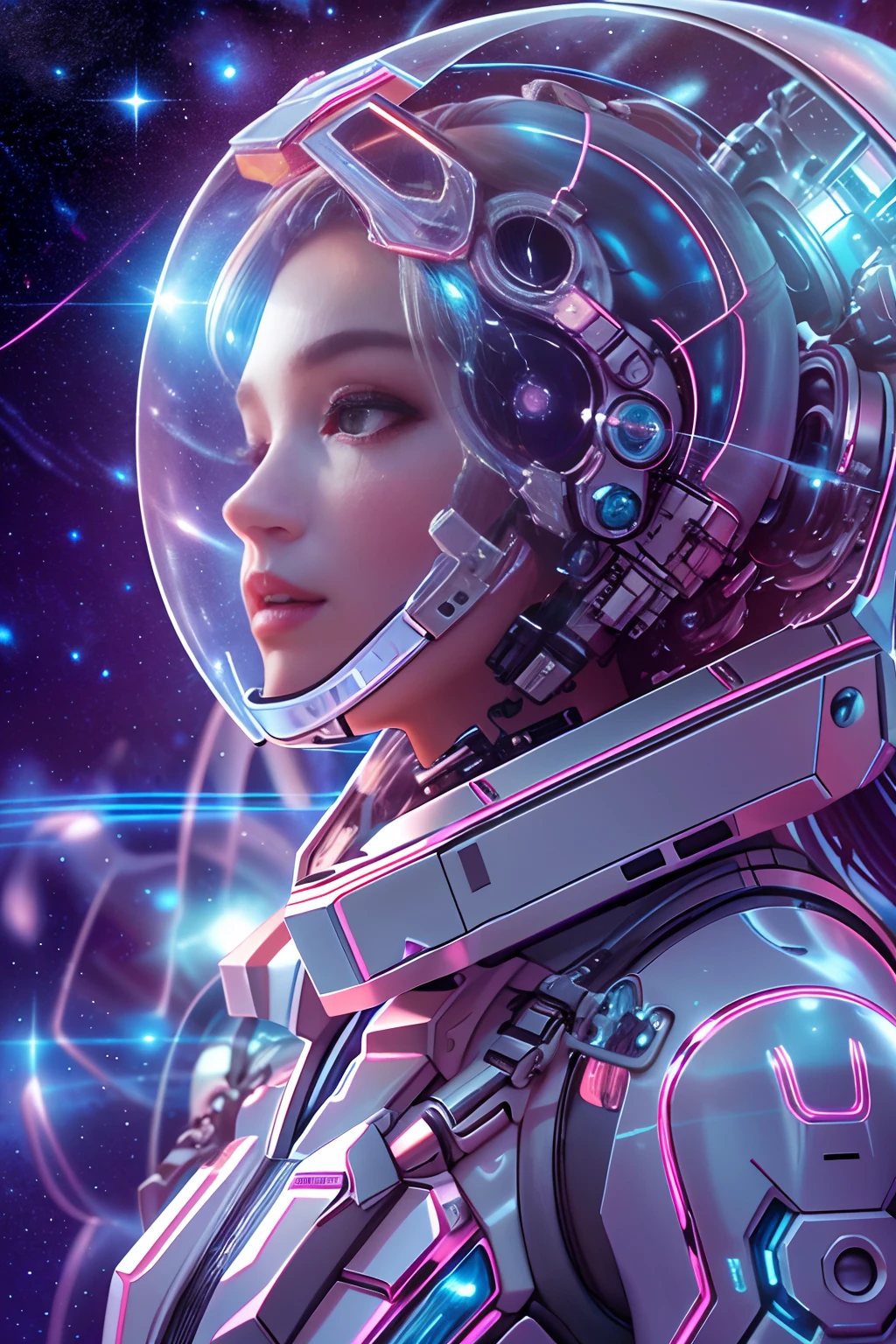 Translucent ethereal mechanical astronaut，Futuristic girl，Mechanical joints，Futuristic space helmet covers face，Futuristic space starry sky background，ModelShoot style, (Extremely detailed CG unified 8K wallpaper), The beauty of abstract stylized portraits,，surrealism, 8K, Super detail, Best quality, Award-Awarded, Anatomically correct, 16k, Super detail