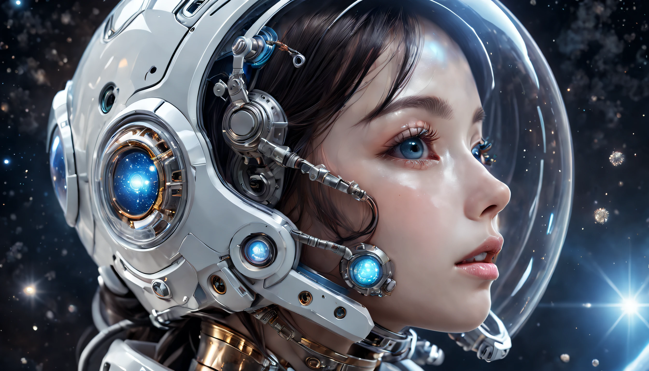 Translucent ethereal mechanical astronaut，Futuristic girl，Mechanical joints，Futuristic space helmet covers face，Futuristic space starry sky background，ModelShoot style, (Extremely detailed CG unified 8K wallpaper), The beauty of abstract stylized portraits,，surrealism, 8K, Super detail, Best quality, Award-Awarded, Anatomically correct, 16k, Super detail