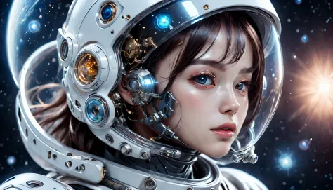 Translucent ethereal mechanical astronaut，Futuristic girl，Mechanical joints，Futuristic space helmet covers face，Futuristic space starry sky background，ModelShoot style, (Ultra-detailed CG unified 8K wallpaper), The beauty of abstract stylized portraits,，su...