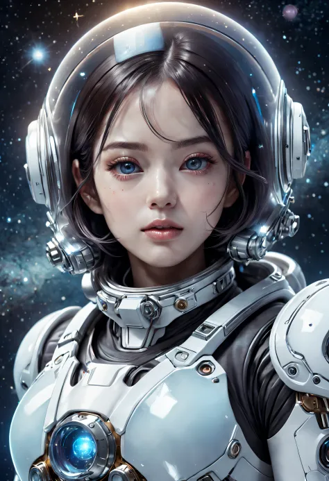 Translucent ethereal mechanical astronaut，Futuristic girl，Mechanical joints，Futuristic space helmet，Futuristic space starry sky background，ModelShoot style, (Extremely detailed CG unified 8K wallpapers), The beauty of abstract stylized portraits,，surrealis...