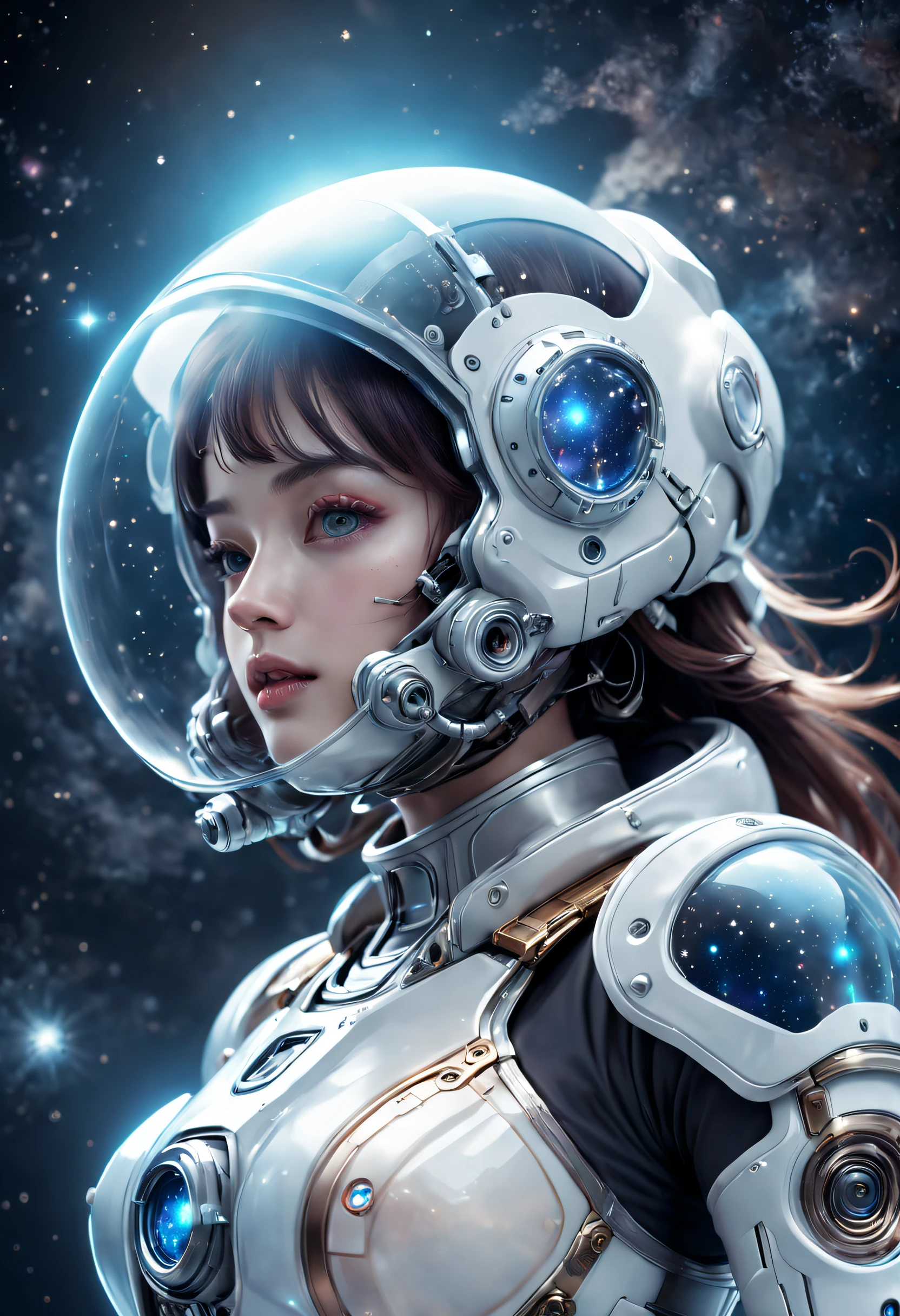 Translucent ethereal mechanical astronaut，Futuristic girl，Mechanical joints，Futuristic space helmet，Futuristic space starry sky background，ModelShoot style, (Extremely detailed CG unified 8K wallpapers), The beauty of abstract stylized portraits,，surrealism, 8K, Super detail, Best quality, Award-Awarded, Anatomically correct, 16k, Super detail