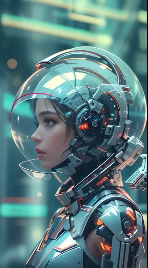 Translucent ethereal mechanical astronaut，Futuristic girl，Mechanical joints，Futuristic space helmet，futuristic urban background，...